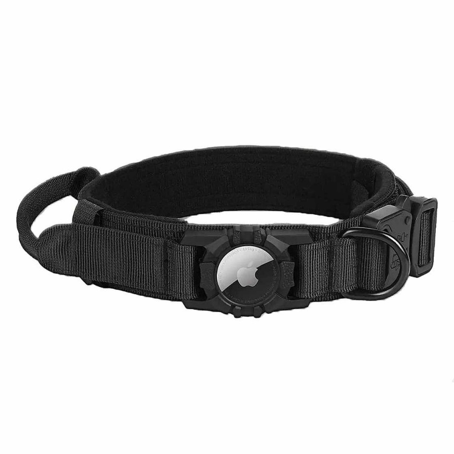 Hund Monkimau Halsb Nder & Geschirre | Hundehalsband Taktisch Mit Handgriff Und Apple Airtag Halter Aus Nylon Schwarz - M