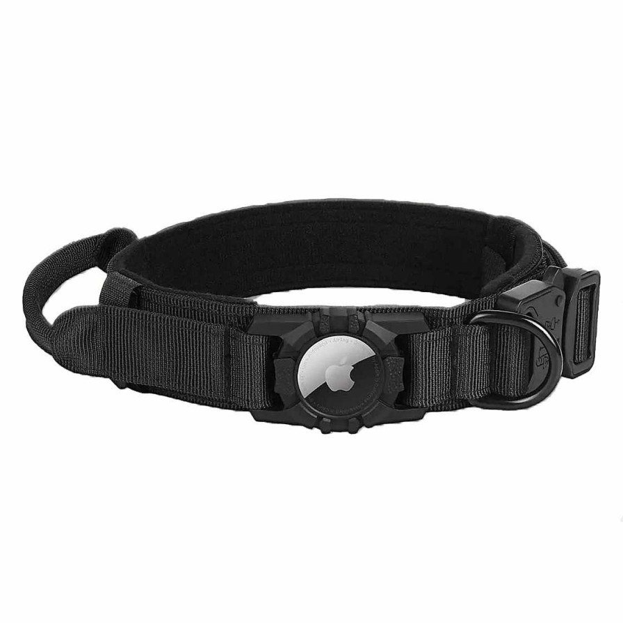 Hund Monkimau Halsb Nder & Geschirre | Hundehalsband Taktisch Mit Handgriff Und Apple Airtag Halter Aus Nylon Schwarz - L