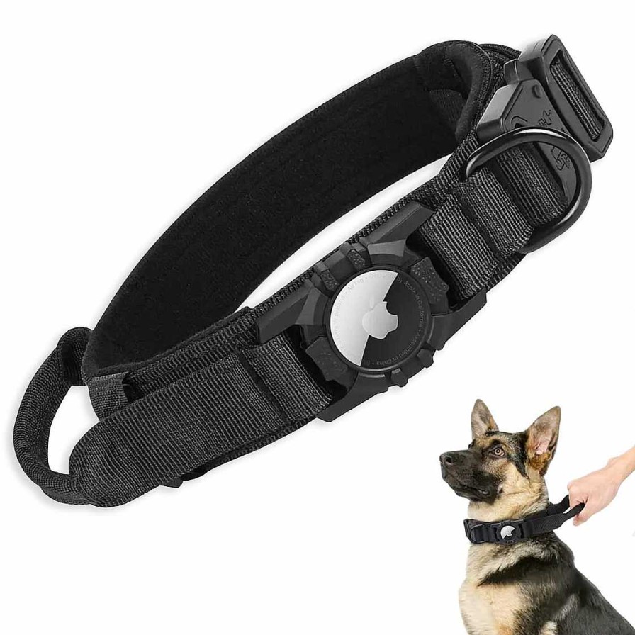 Hund Monkimau Halsb Nder & Geschirre | Hundehalsband Taktisch Mit Handgriff Und Apple Airtag Halter Aus Nylon Beige - L