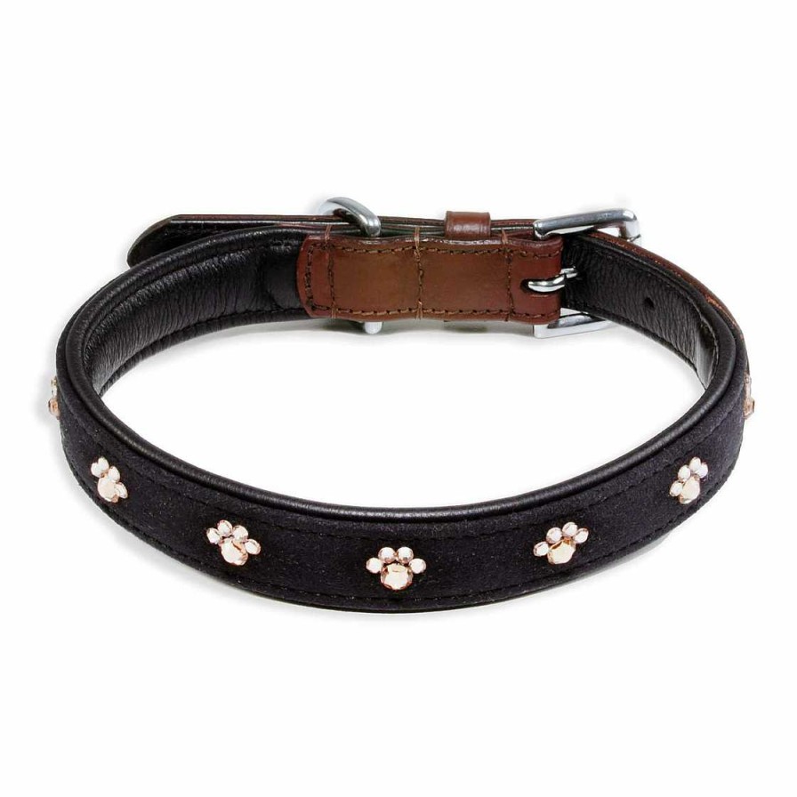 Hund Monkimau Halsb Nder & Geschirre | Hundehalsband Aus Leder Braun Schwarz Mit Pfoten Swarovski Kristallen