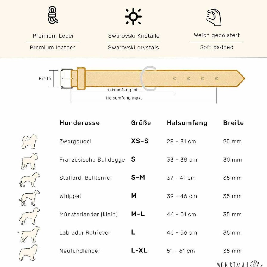 Hund Monkimau Halsb Nder & Geschirre | Hundehalsband Aus Leder Handgeschnitzt Und 4 Swarovski-Kristallen