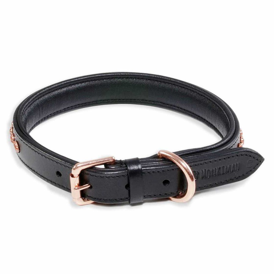 Hund Monkimau Halsb Nder & Geschirre | Hundehalsband Aus Leder Schwarz Mit Rosegold Kristallen