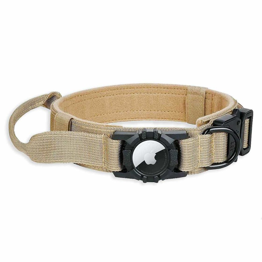 Hund Monkimau Halsb Nder & Geschirre | Hundehalsband Taktisch Mit Handgriff Und Apple Airtag Halter Aus Nylon Beige - S